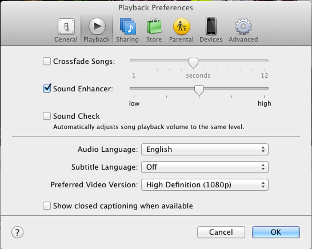 Photo of the sound enhancement settings available in iTunes.