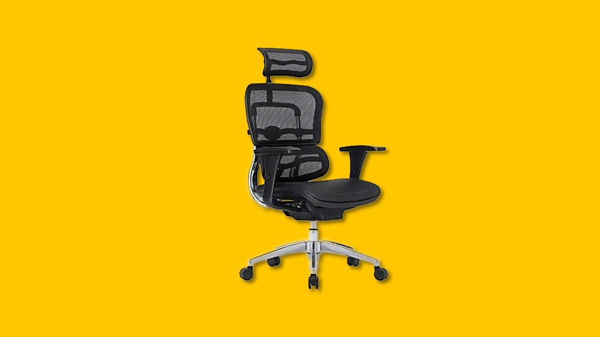 Close up of a WorkPro office chair in black on a yellow background