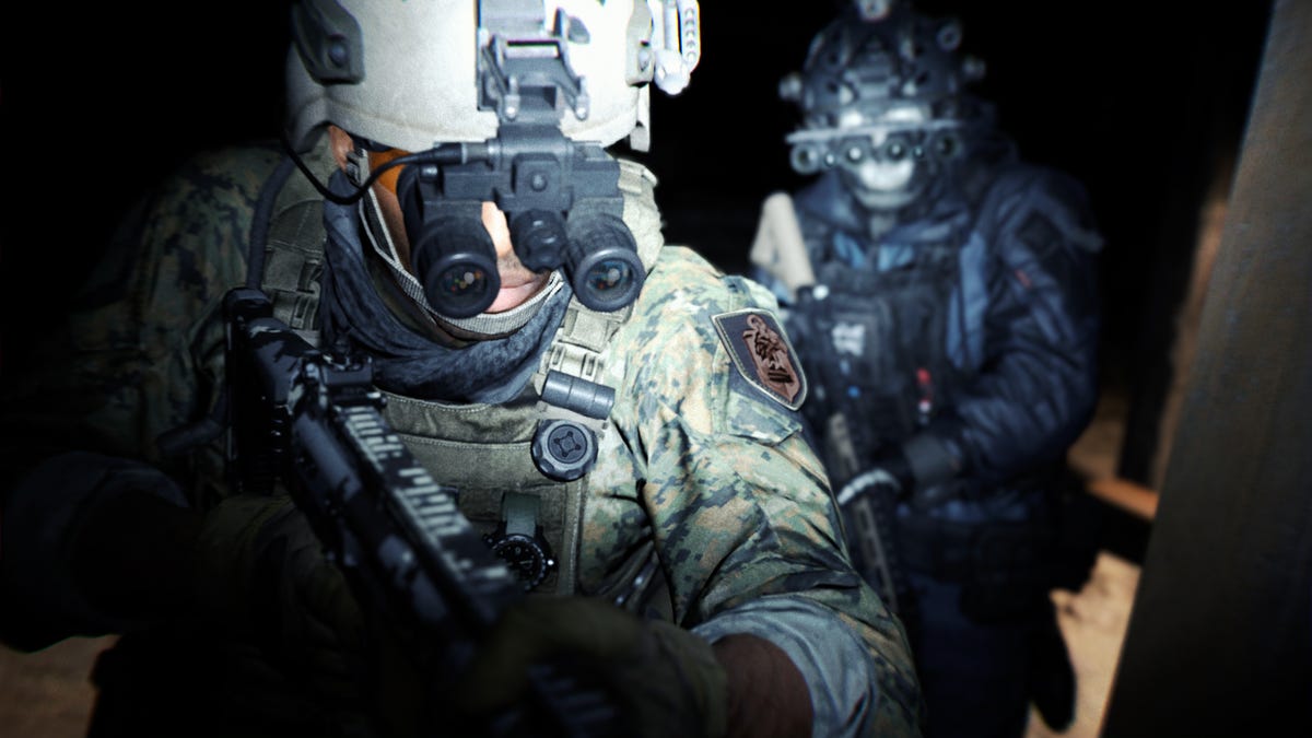 a closeup shot of Gaz from Modern Warfare 2 wearing his night vision goggles