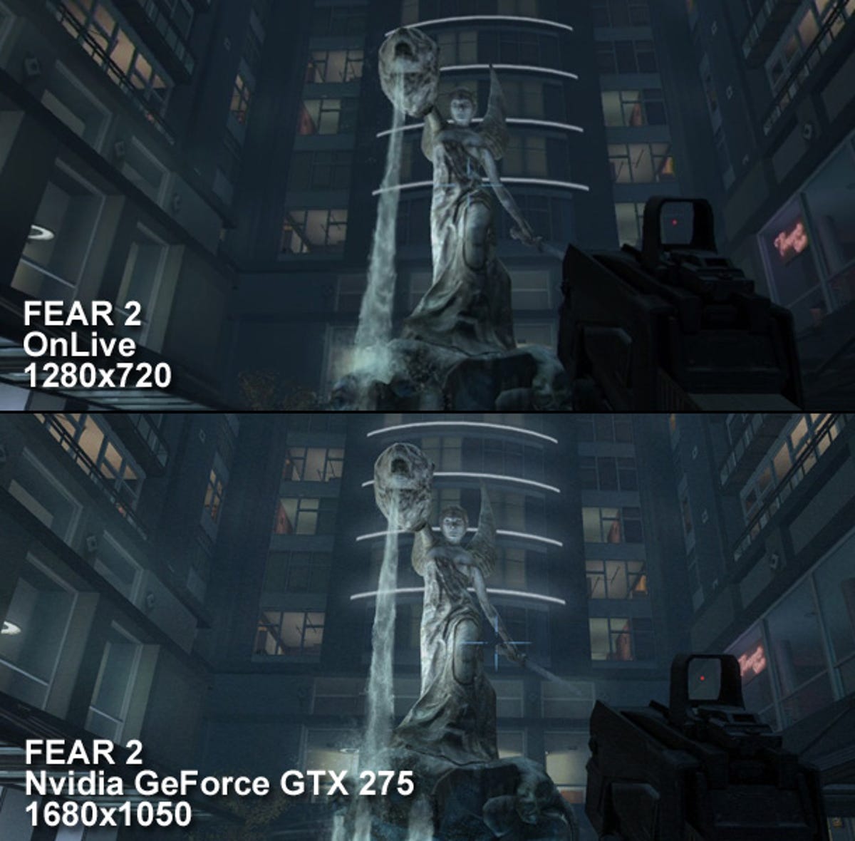 FEAR 2 played via OnLive, compared to the same game played on a high-end gaming PC. Note the level of detail on the statue, as well as the lighting bloom missing from the OnLive version.