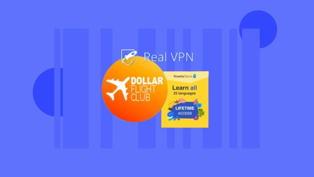 The logos for RealVPN, Dollar Flight Club and Rosetta Stone are displayed against a blue background.