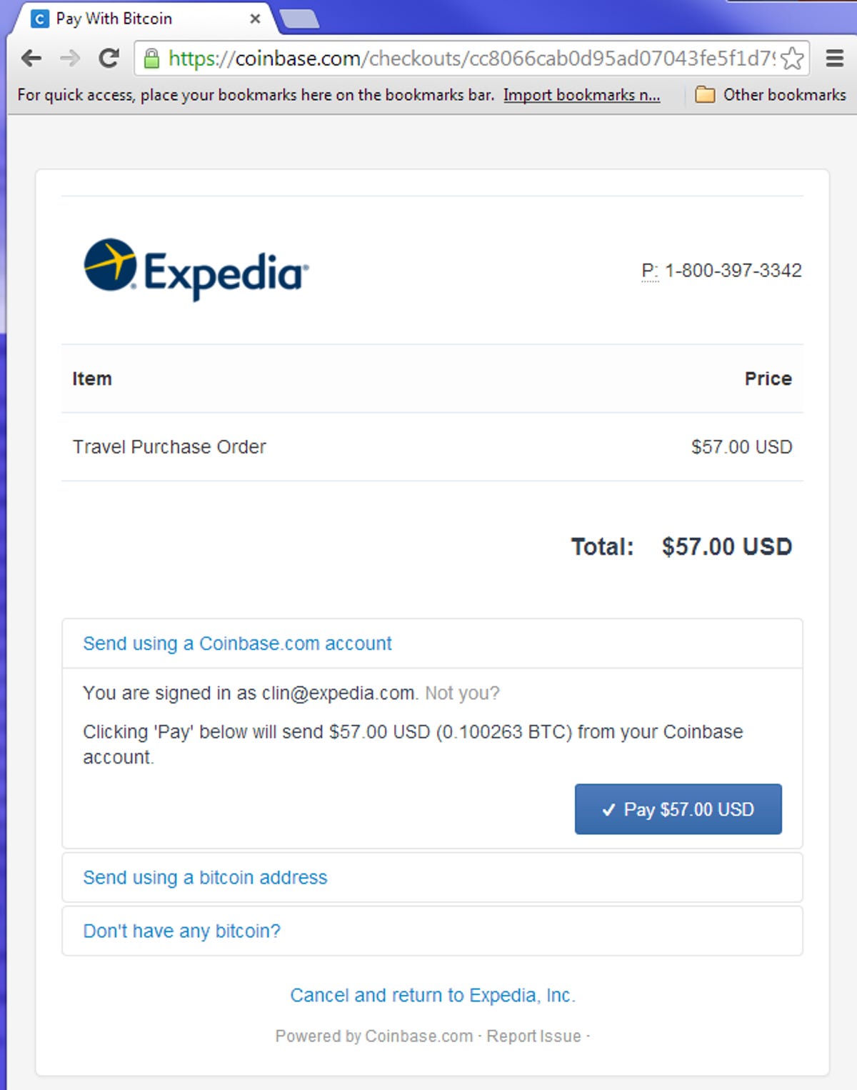 Expedia uses Coinbase's service to fulfill bitcoin-based transactions.