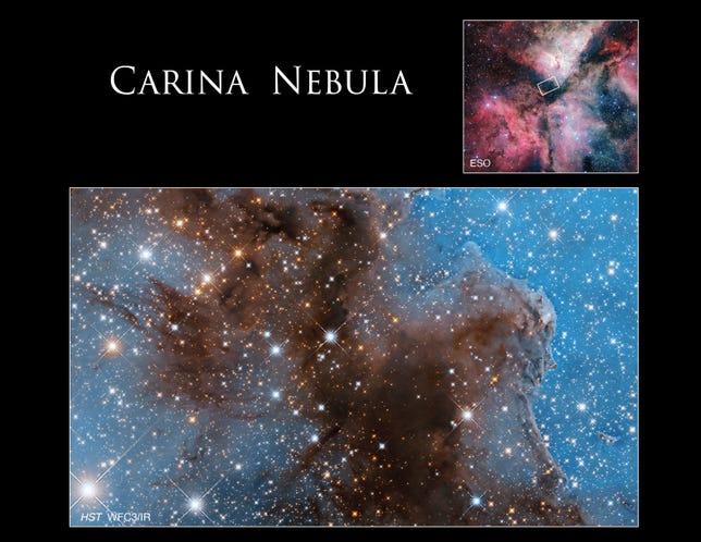 Bottom two-thirds: Dark, reddish-brown cloud fills the scene. Blue background is dotted with bright-white and yellow-orange stars. Upper right: Small inset image pink-red, white, and blue clouds. Black background with white stars.