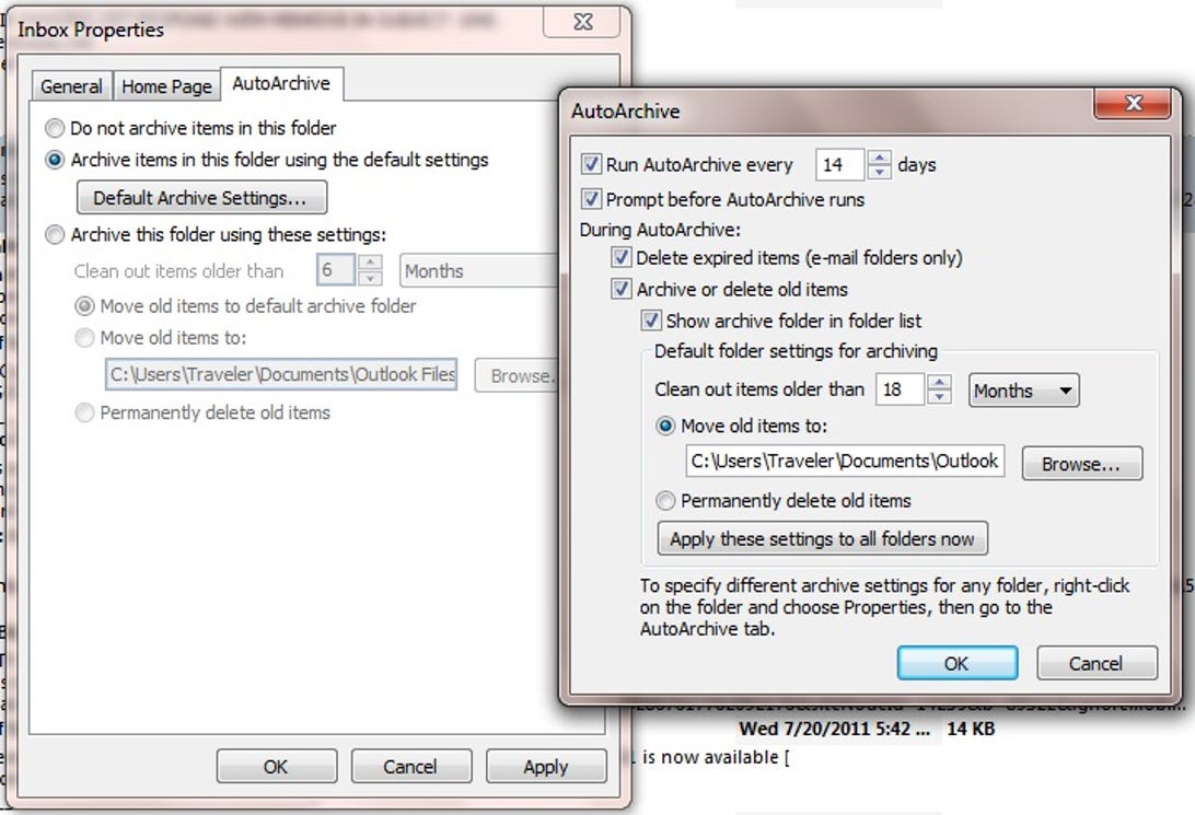 Microsoft Outlook AutoArchive dialog box