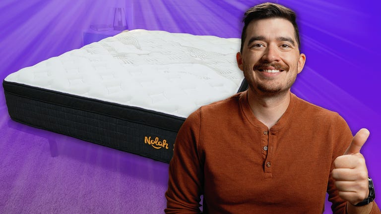 The Nolah Evolution Comfort Plus mattress against a colorful background with a man in the front.