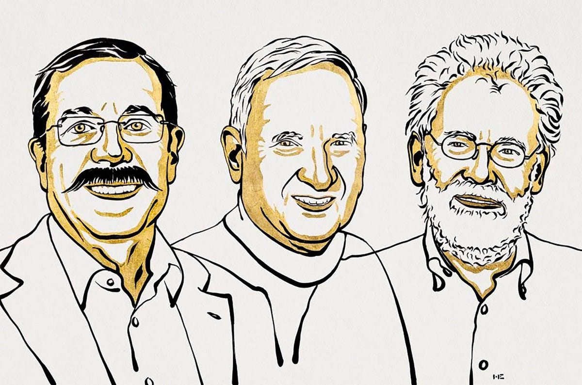 An illustration shows 2022 Nobel Prize laureates Alain Aspect, John F. Clauser and Anton Zeilinger