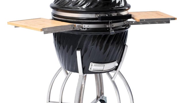 Victory 21 inch kamado with shelves on a white background