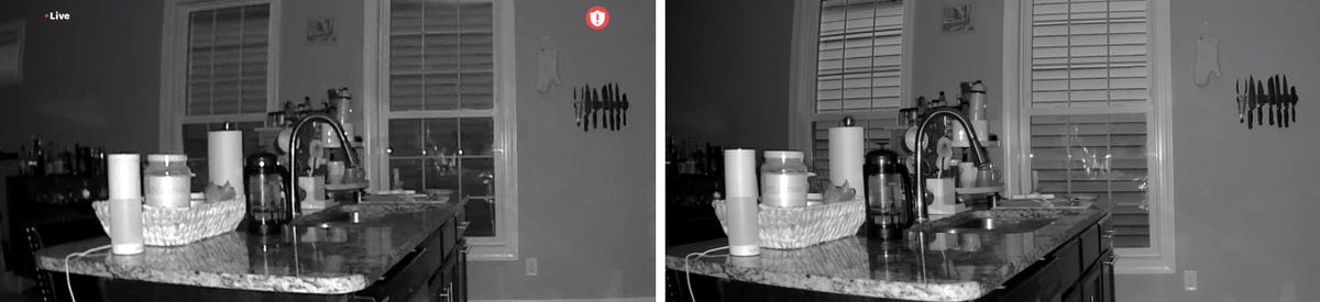 Side by side comparison of the night vision video feeds from an Arlo Go 2 and Eufy 4G Starlight Cam. 