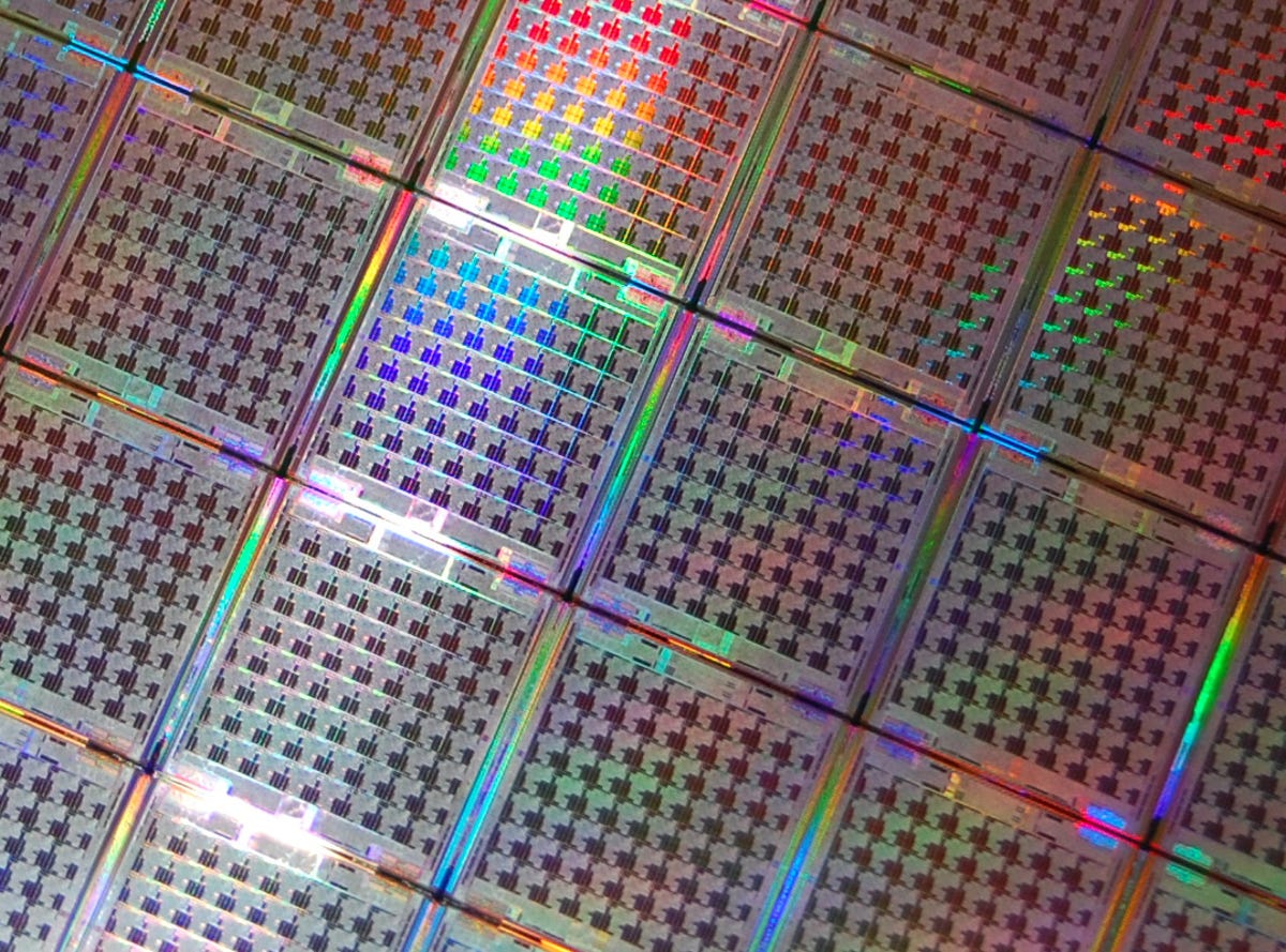 A wafer of uncut Tilera chips, though not its new 72-core processors, still shows how each die is made of an array of cores.