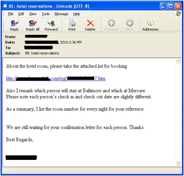 E-mail sent to people in targeted organizations.