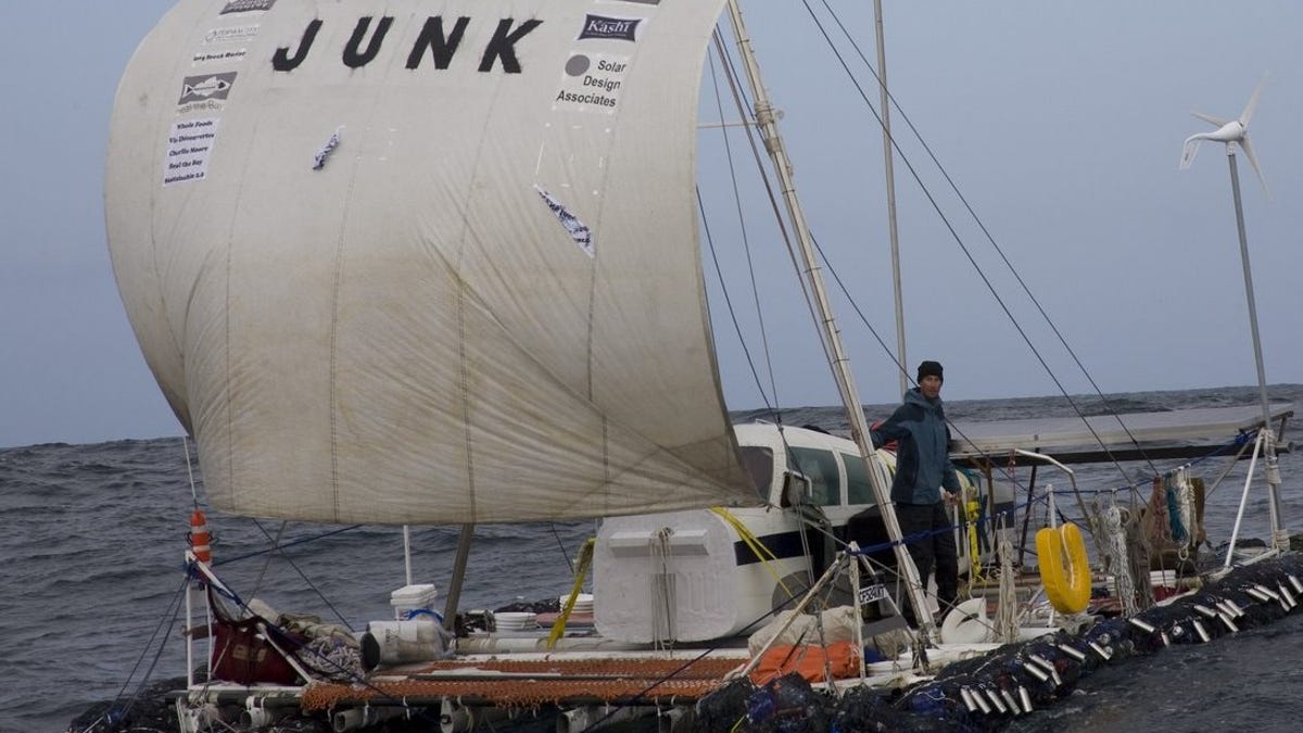 The junk is made, literally, from junk: 15,000 plastic bottles, a Cessna cockpit, and a used sail.