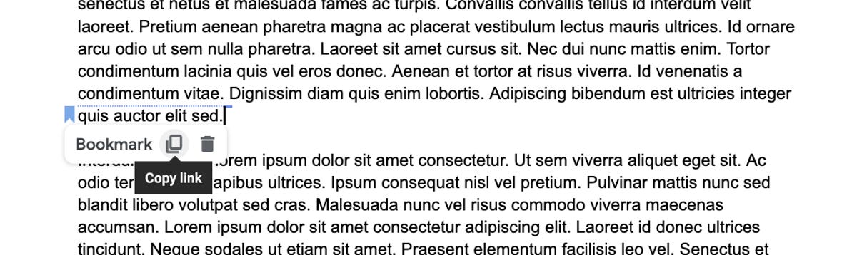 A screenshot of randomized filler text on a Google Doc, with a Google Bookmark inserted at a chosen point
