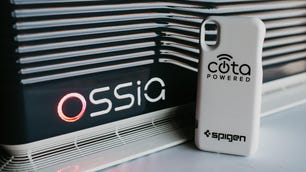 Ossia's over-the-air charging system, called Cota, will go on sale through a partnership with phone case maker Spigen in coming months. The wireless transmitter shown here is much larger than a phone, but final dimensions haven't been settled.