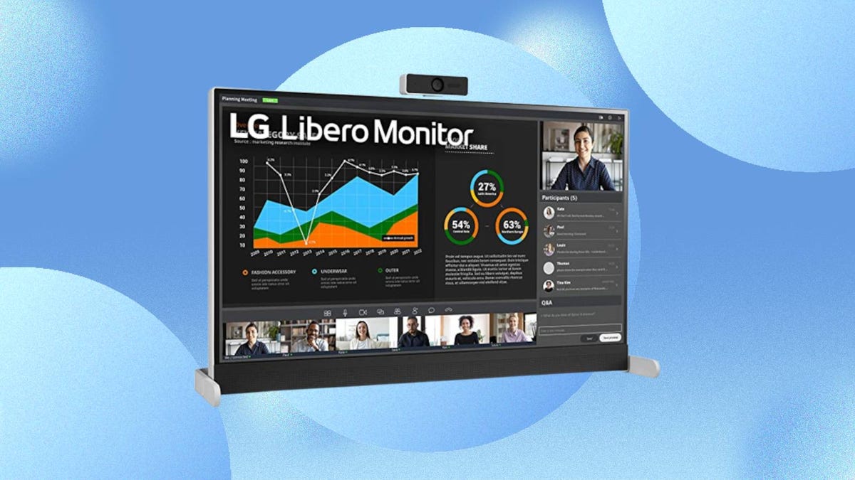 The LG Libero monitor with 27-inch display is shown against a blue background.