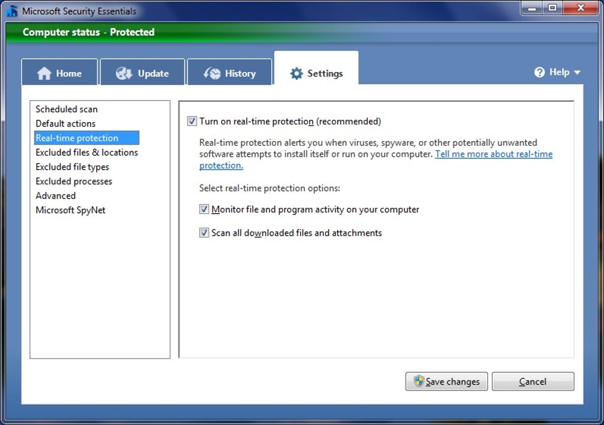 Microsoft Security Essentials Settings tab