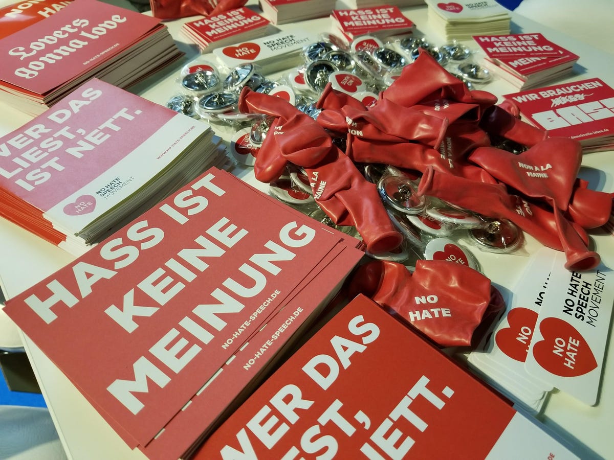 A German government agency hands out stickers, balloons and pins as part of a digital antihate campaign.