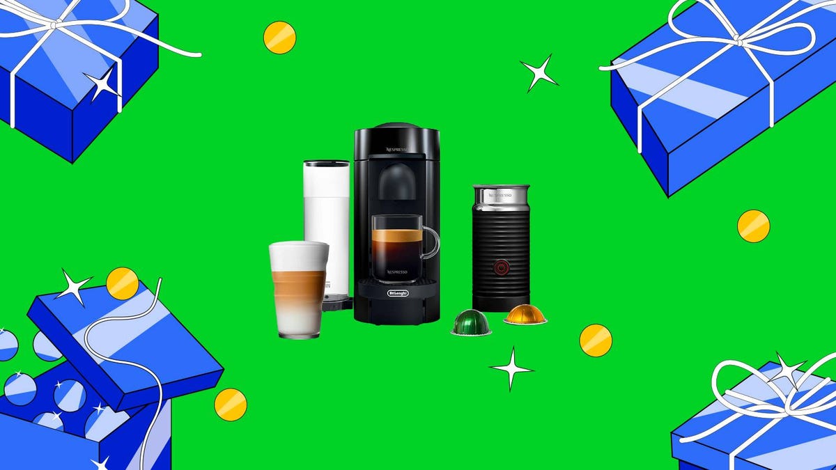 A Nespresso coffee maker bundle is surrounded by blue gift boxes on a green background.