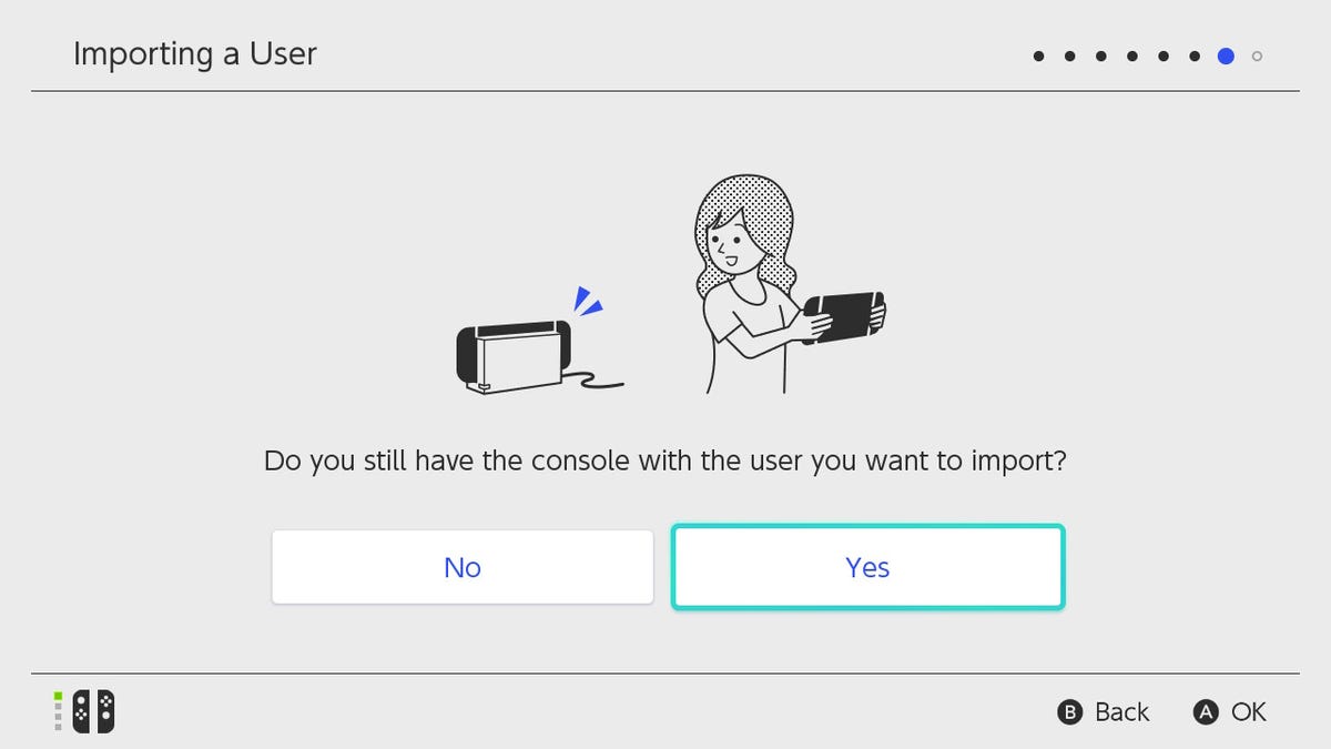 Switch OLED "Importing a User" screen part 2: "Do you still have the console with the user you want to import?" with prompts for no and yes