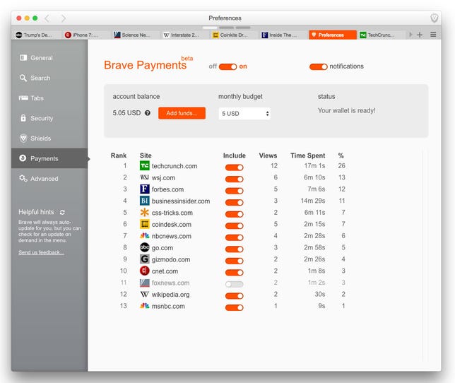 Brave Payments lets you send money toward specific websites or block them.