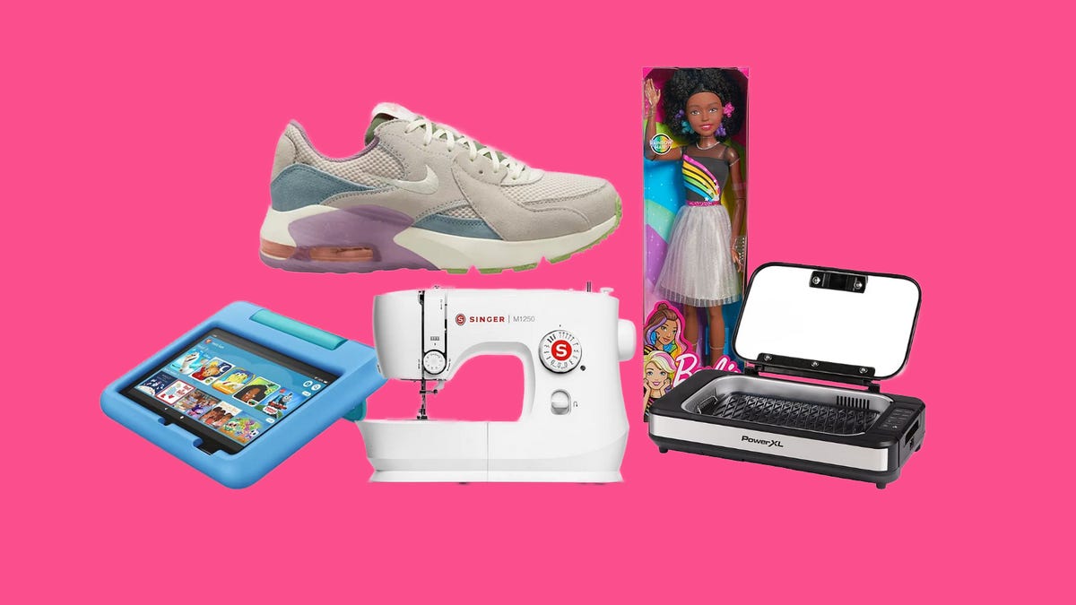 Toys and appliances on a pink background