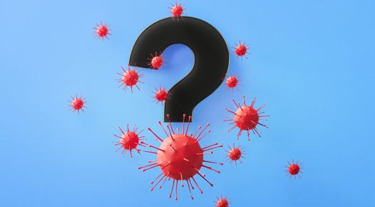 Red virus particles circling a big question mark against a pretty blue background