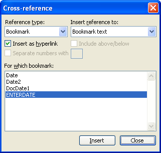 Microsoft Word 2003 Cross-reference dialog box
