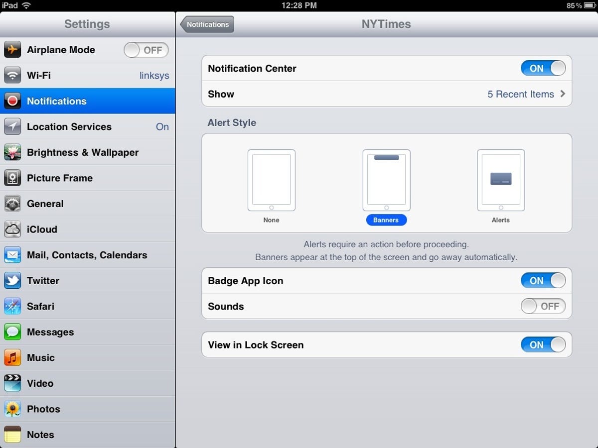iPad Notification Center options