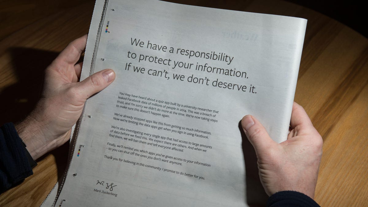 Facebook newspaper ad saying "We have a responsibility to protect your information. If we can't, we don't deserve it."