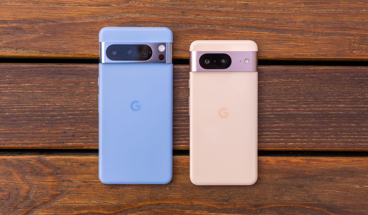 Google's Pixel 8 Pro and Pixel 8 smartphones in their bay and rose colors