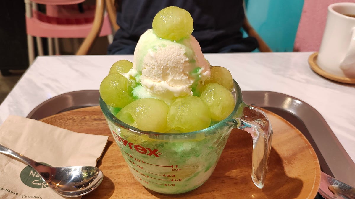 A photo of vanilla ice cream and frozen melon taken on the Motorola Razr Plus