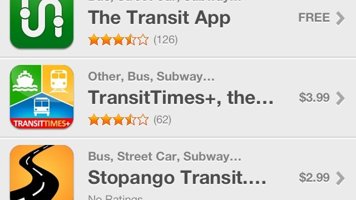 Transit app listings in Apple&apos;s new maps app.