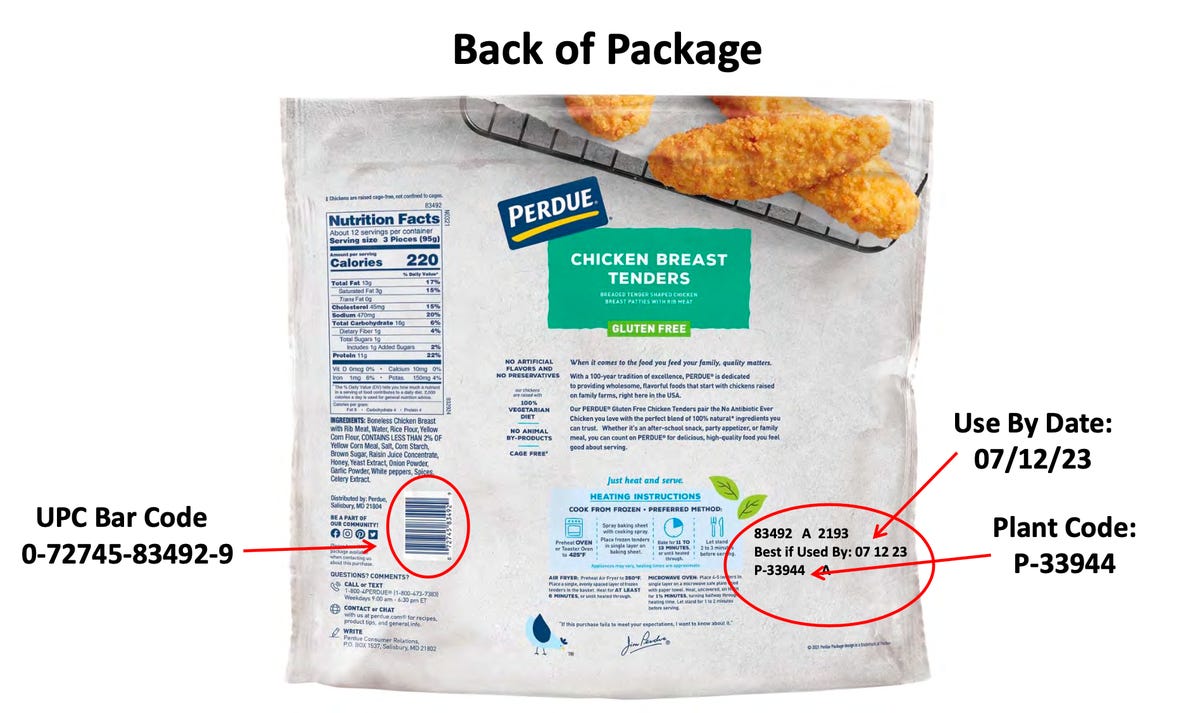A bag of Perdue chicken tenders marked up to show UPC bar code, use by date and product code