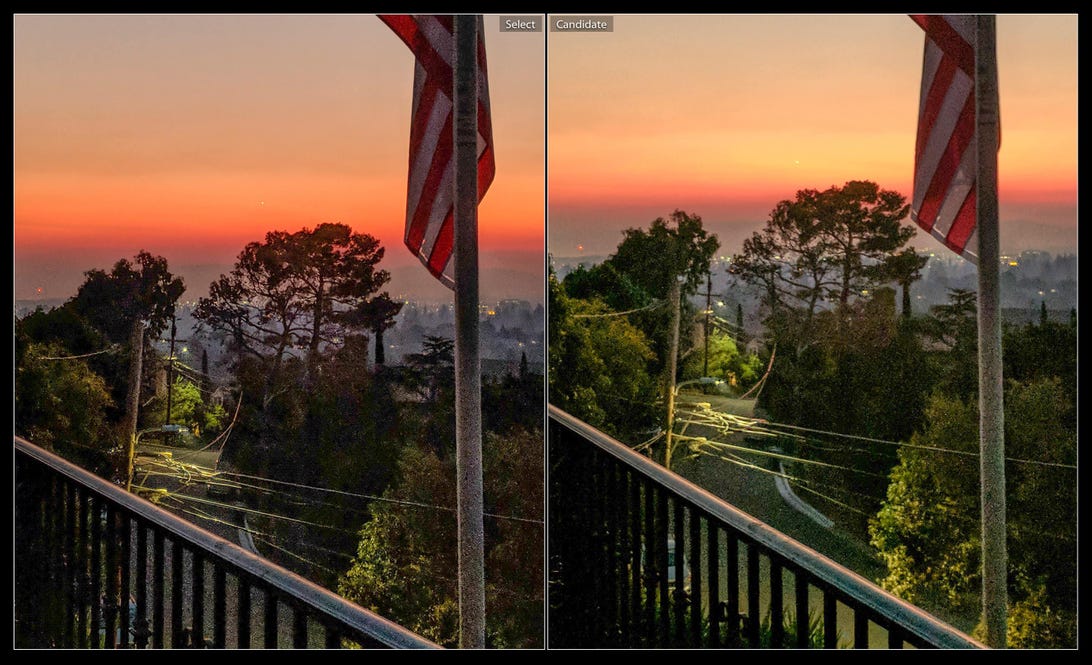 In challenging conditions like this dawn sky, the Pixel 2 photo at left is sharper, with better shadow details and a less washed-out sky compared to the shot from 2016's first-gen Pixel. This image is zoomed in, with shadows boosted to show details.