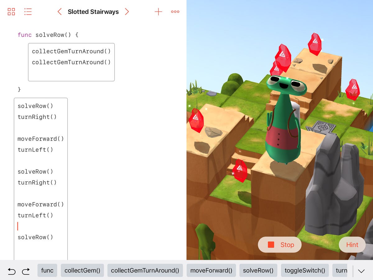 ​Apple's Swift Playgrounds app features three animated characters who gather gems and flip toggle switches on and off. You can create custom functions to control how the character moves, turns and takes other actions.