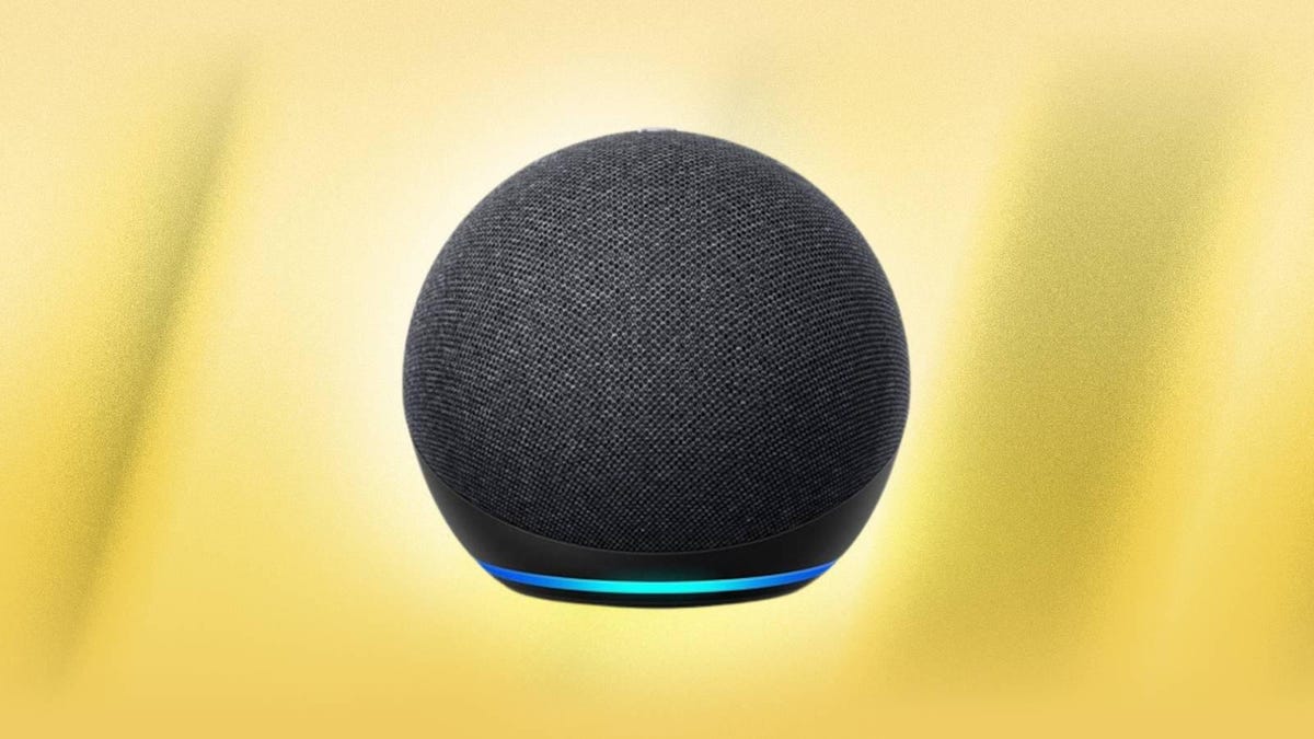 Amazon&apos;s 4th-gen Echo Dot smart speaker is displayed against a yellow background.