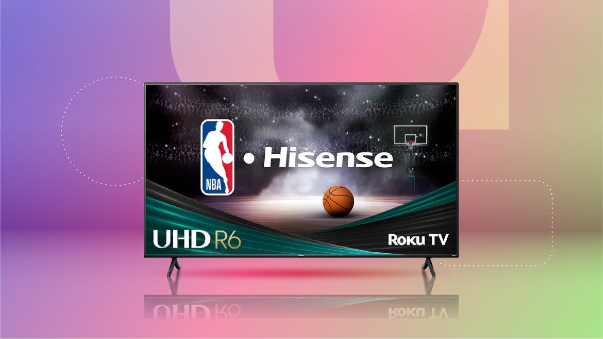 Hisense 75" Class 4K UHD LED LCD Roku Smart TV against a red background