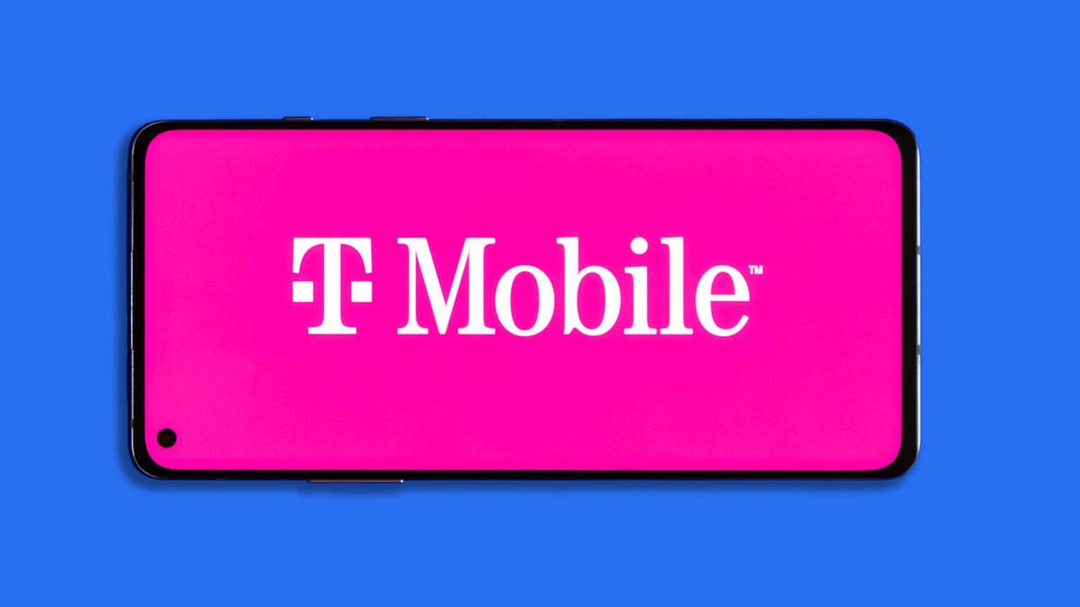 T-Mobile's magenta logo on a phone with a blue background