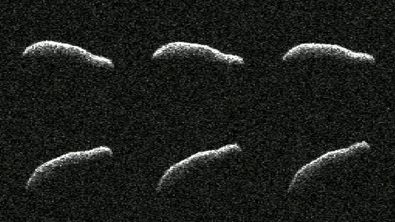 This collage shows six planetary radar observations of 2011 AG5 a day after the asteroid made its close approach to Earth on Feb. 3. With dimensions comparable to the Empire State Building, 2011 AG5 is one of the most elongated asteroids to be observed by planetary radar to date. It looks like a whitish, long lumpy shape against darkness.