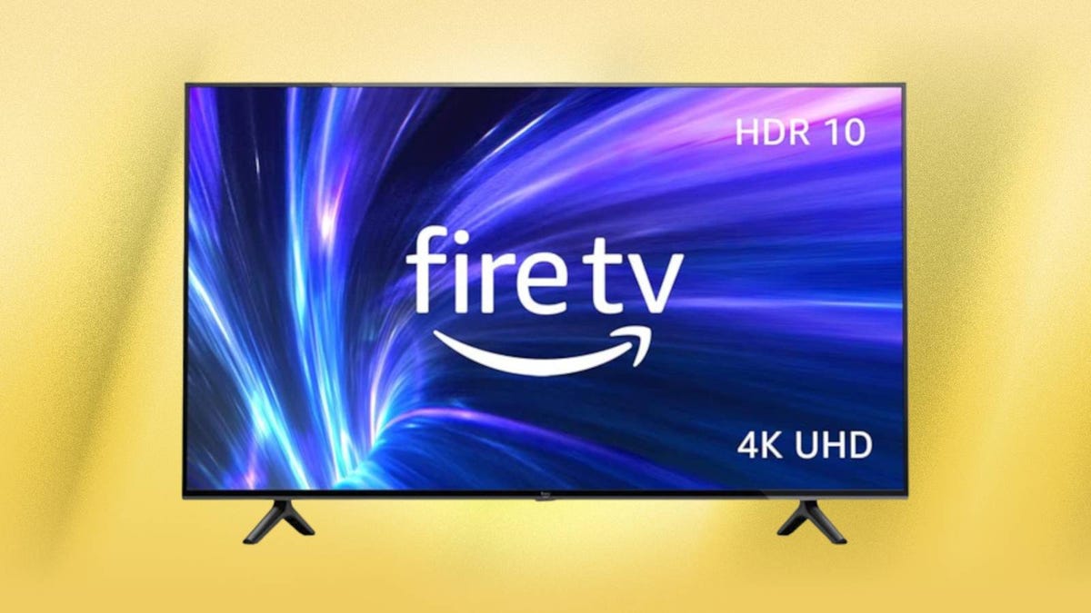 The 55-Inch Amazon Fire TV 4-Series is displayed against a yellow background.