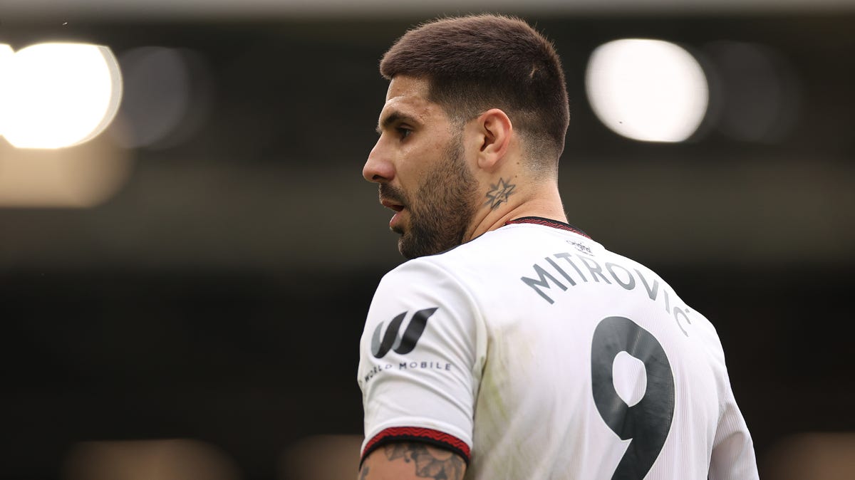 Fulham striker Aleksandar Mitrovic with his back to the camera looks left.