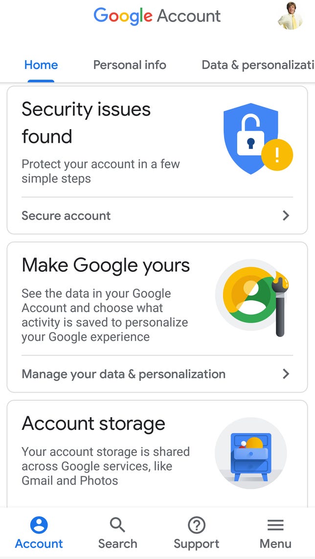 Screenshot of the Google Account hub with three sections, "Security issues found," "Make Google yours" and "Account storage."