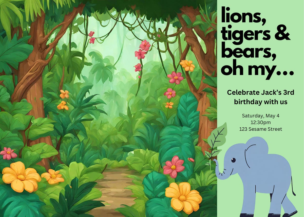 birthday card with jungle scene and elephant, lots of green