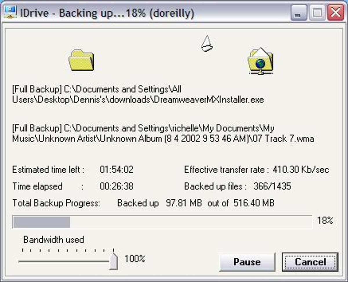IDrive online backup progress screen