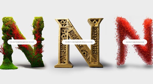 An illustration Adobe's use of generative AI to style the letter N so it looks mossy, golden, or made or thousands of red particles.