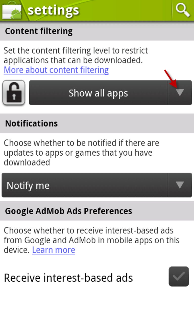 Android Market Settings App List drop-down