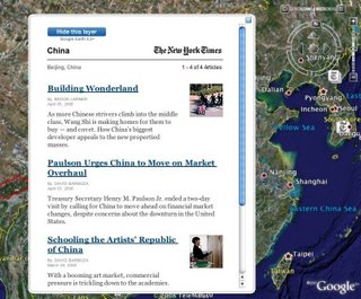 This pop-up window shows New York Times news related to a Google Earth region, in this case China.