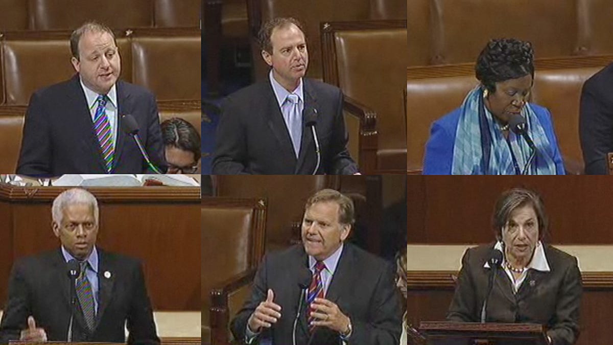 House members clockwise from top left: Jared Polis, who warned CISPA would "waive every single privacy law ever enacted"; Adam Schiff; Sheila Jackson Lee; Hank Johnson; Mike Rogers; Jan Schakowsky
