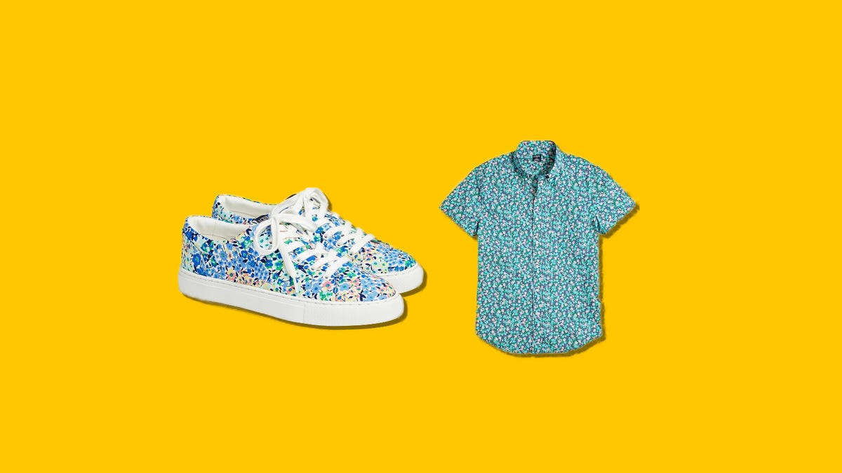 A pair of blue floral lace up shoes and a blue floral men&apos;s shirt side by side