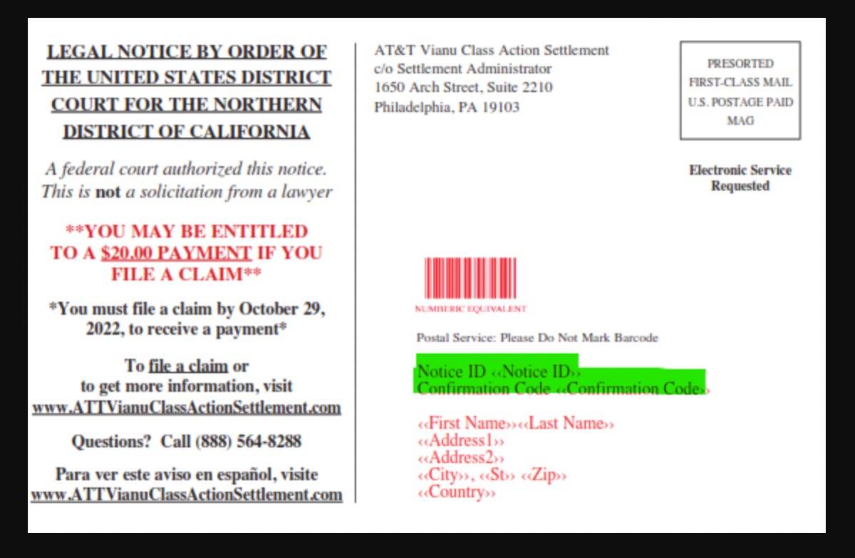 AT&T class-action colony  notification postcard