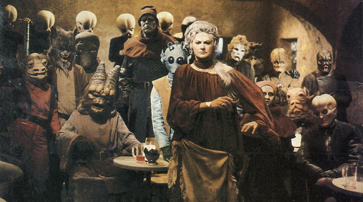 Bea Arthur as Ackmena - the cantina bartender who serves drinks to every thirsty alien in the galaxy in "Star Wars Holiday Special."